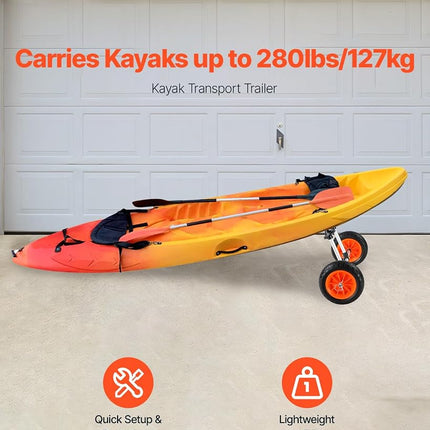 VEVOR Kayak Cart, 280lbs Load Capacity with 10 Inch Solid Tires, Heavy Duty Detachable Canoe Trolley Cart with Adjustable Width & Top Foam Protection, for Kayaks with Drain Holes of 2.54cm and Above