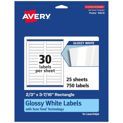 Avery Glossy White Rectangle Labels with Sure Feed, 2/3" x 3-7/16", 750 Glossy White Labels, Permanent Label Adhesive, Laser/Inkjet Printable Labels