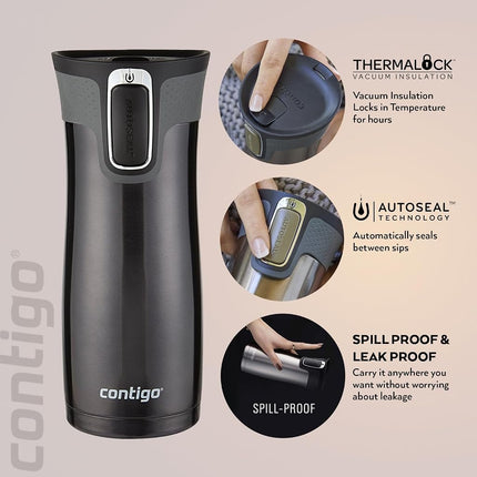 Contigo West Loop Autoseal Travel Mug, Stainless Steel Thermal Mug, Vacuum Flask, Leakproof Tumbler, Coffee Mug with BPA Easy-Clean Lid, 470 ml, Gunmetal