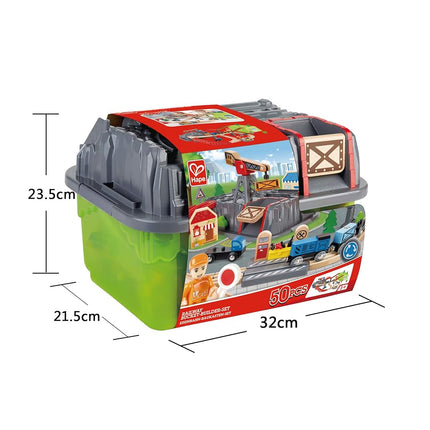 Sustainable Wood Toy Train, Hape Railway Bucket 50-piece Builder Set With Railway Tracks, 1 Railwayman, 1 Signal Box, 1 Truck, 1 Crane. 3 years +