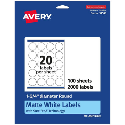 Avery Matte White Round Labels with Sure Feed, 1.75" Diameter, 2,000 Matte White Printable Labels
