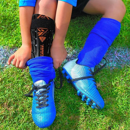 Vizari Malaga Football Shin Pads - Adults & Kids Shin Guards With Ankle Support - Non-Slip Adjustable Straps For Men and Women, Black/Orange XX - Small