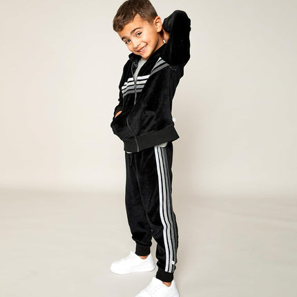 HonestBaby Velour Pullover Hoodie and Zip Front Sweatshirt and Jogger Sweatpants Set Baby, Toddler, Boys, Girls, Unisex, Black with Stripe, 4T, Black with Stripe, 4T