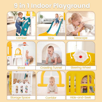 OLAKIDS Toddler Slide, 9 in 1 Kids Indoor Outdoor Playground with Climber Basketball Hoop Telescope Tunnel Corridor Toy Storage Steering Wheel for Boys Girls Aged 1+