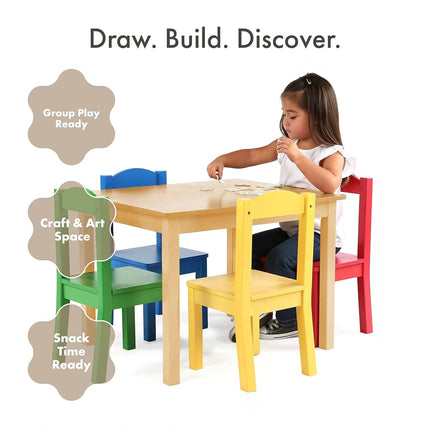 Humble Crew Kids Wooden Table and 4 Chairs Set for Children and Toddlers - Square Activity Table & Chair Set for Arts, Crafts and Snack Time - Natrual Wood/Red/Green/Blue/Yellow