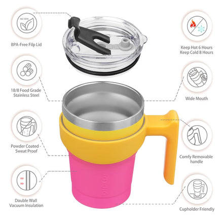 BJPKPK 10 oz Tumbler with Handle and Straw Stainless Steel Travel Mug Insulated Tumbler Cups with Lids,Pink & Yellow Rose