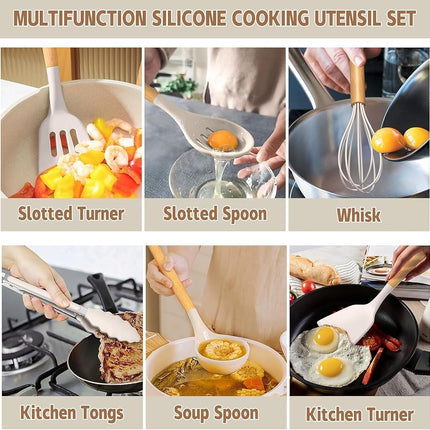 Umite Chef Cooking Utensils Set- Khaki Silicone Kitchen Utensils Set, 34PCS Heat Resistant Kitchen Gadgets Tools Set with Grater, Wooden Handle Kitchen Utensil Spatula Set for Nonstick Cookware