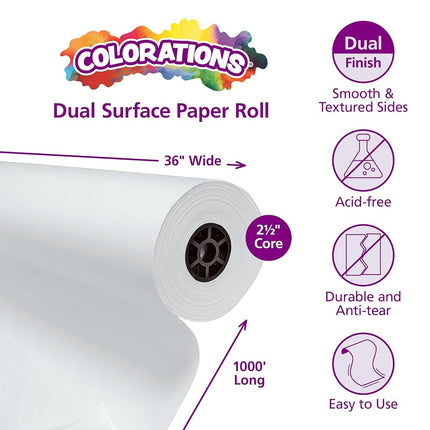 Colorations Dual Surface Paper Roll Classroom Supplies for Arts and Crafts White (36" x 1000') (Item # DSWH)