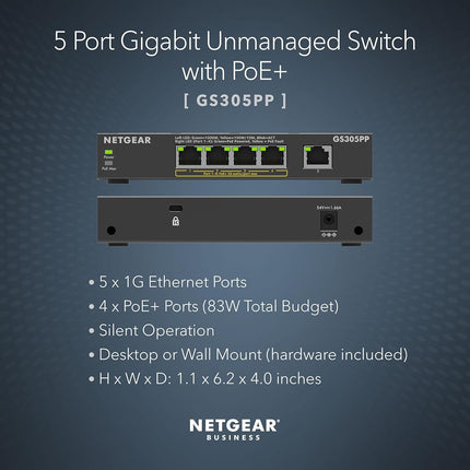 NETGEAR 5-Port Gigabit Ethernet Unmanaged PoE Switch (GS305PP) - with 4 x PoE+ @ 83W, Desktop or Wall Mount