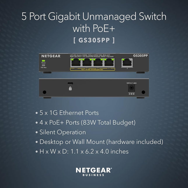NETGEAR 5-Port Gigabit Ethernet Unmanaged PoE Switch (GS305PP) - with 4 x PoE+ @ 83W, Desktop or Wall Mount