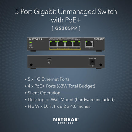 NETGEAR 5-Port Gigabit Ethernet Unmanaged PoE Switch (GS305PP) - with 4 x PoE+ @ 83W, Desktop or Wall Mount