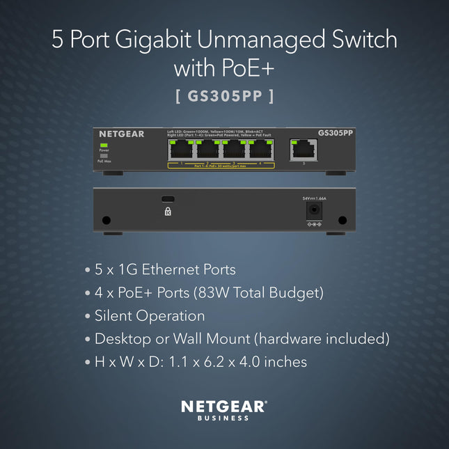 NETGEAR 5-Port Gigabit Ethernet Unmanaged PoE Switch (GS305PP) - with 4 x PoE+ @ 83W, Desktop or Wall Mount