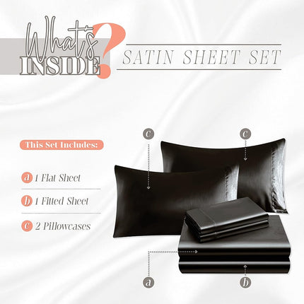 Elegant Comfort Luxurious 4-Piece Silky Satin Sheet Set, Skin and Hair Friendly, Wrinkle, Fade, Stain Resistant with Deep Pockets Fitted Sheet, Cooling Soft Satin Sheet Set, Twin, Black