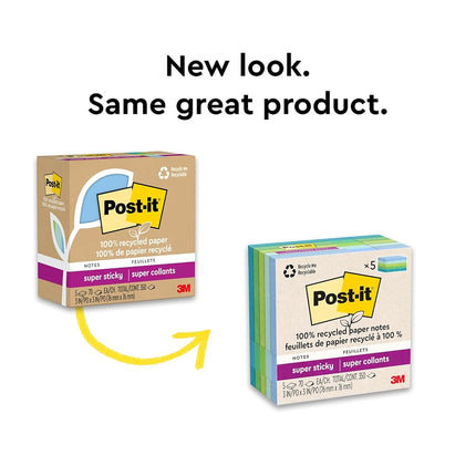 Post-it 100% Recycled Paper Super Sticky Notes, 2X The Sticking Power, 3x3 in, 5 Pads, 70 Sheets/Pad, Oasis Collection (654R-5SST)