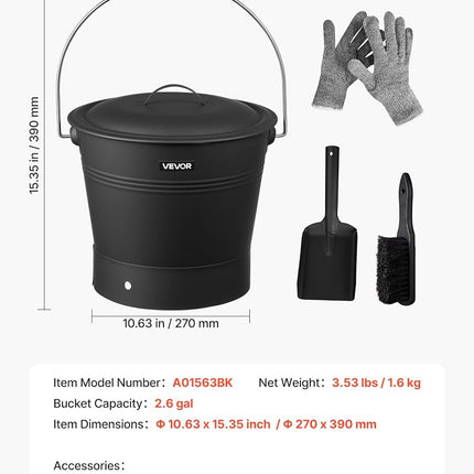 VEVOR Ash Bucket, 4 PCS with Lid, Shovel, Broom and Gloves, Metal Fireplace Charcoal Bucket and Ash Can, 9.8L Large Capacity for Fireplace, Fire Pits, Wood Burning Stoves, Indoor and Outdoor