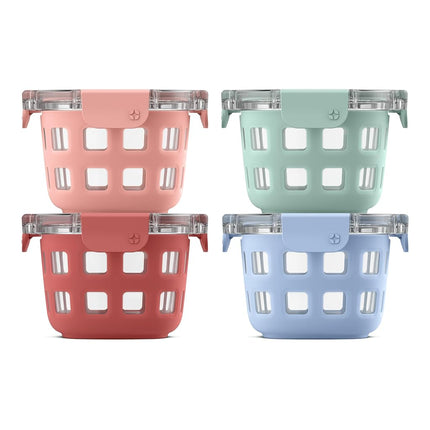 Ello Duraglass Paquete de 4 recipientes de vidrio reutilizables de 2 tazas con tapas a prueba de fugas y fundas protectoras de silicona | Perfectos para avena nocturna, refrigerios, yogur | Sin BPA | Aptos para lavavajillas | Melón