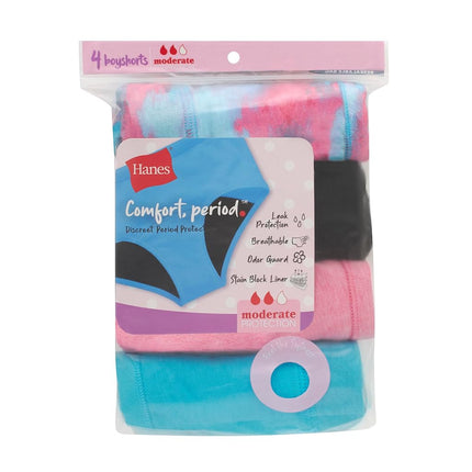 Hanes Girl's Comfort, Period. Ropa Interior Menstrual Estilo Boyshort y Hipster, Protección Moderada, Paquete Múltiple, Boyshort - Rosa/Azul/Negro - Paquete de 4, 8