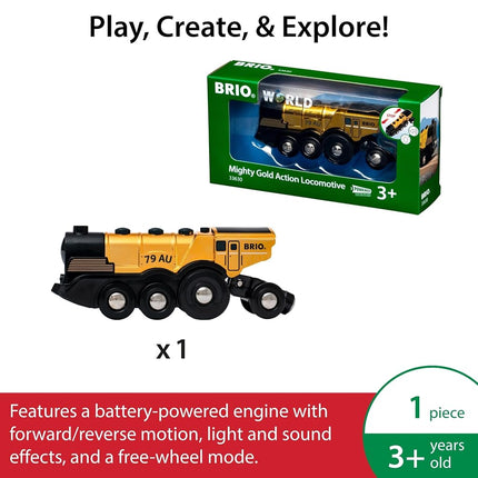 BRIO World Mighty Gold Action Locomotive Battery Powered Toy Train for Kids Age 3 Years Up - Wooden Railway Set Add On Accessories