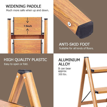 SOLADDER 3 Step Ladder, Folding Step Stool with Anti-Slip Wide Sturdy Pedal, Multi-Use for Home and Kitchen Use, Space Saving-Woodgrain(300 lbs Capacity)