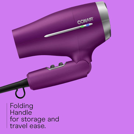 Conair Hair Dryer, Worldwide Travel Hair Dryer with Smart Voltage Technology and Folding Handle, Includes Diffuser and Concentrator, Purple
