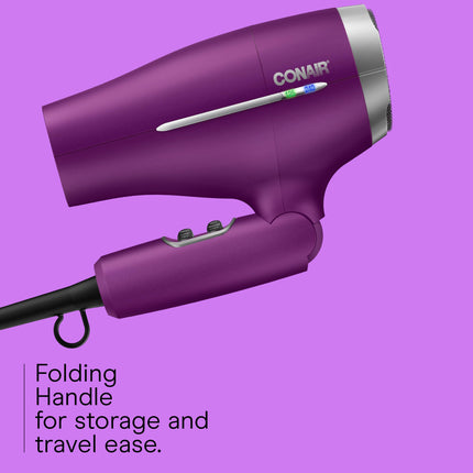 Conair Hair Dryer, Worldwide Travel Hair Dryer with Smart Voltage Technology and Folding Handle, Includes Diffuser and Concentrator, Purple