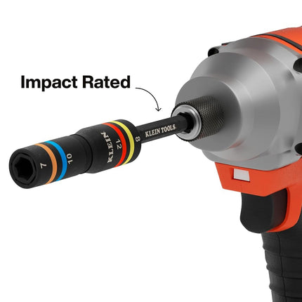 Klein Tools 651MQS Impact-Rated Quad Socket Set, 4-in-1 Flip Socket Driver, Color-Coded, Heavy-Duty Multi Tool, 1/4-Inch Drive, Metric 7mm, 8mm, 10mm, 12mm, 3-1/2-Inch Extension Shaft