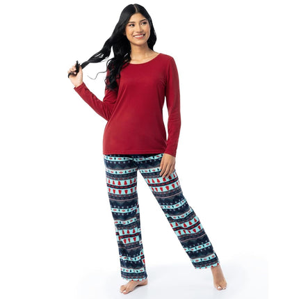 Pijama de jersey afelpado de Fruit of the Loom para mujer, playera de cuello redondo y pantalón polar, conjunto para dormir, rojo/estampado fair isle de invierno, talla XL