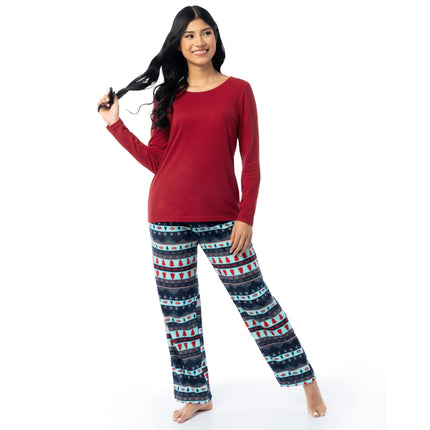 Fruit of the Loom Women's Sueded Jersey Crew Top and Fleece Pant Sleep Set, Red/Winter Fairisle, L