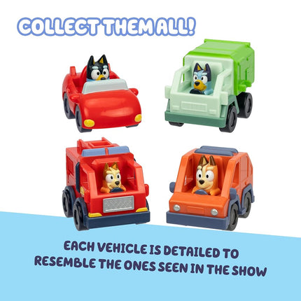 BlueY Mini Racing Cars, 4 of The Most Popular Vehicles in Small Format Play Garbage Truck, Bingo in The Fire Engine, Bandit in The Convertible and Chilli in The Heeler Family Car. Collect Them All!