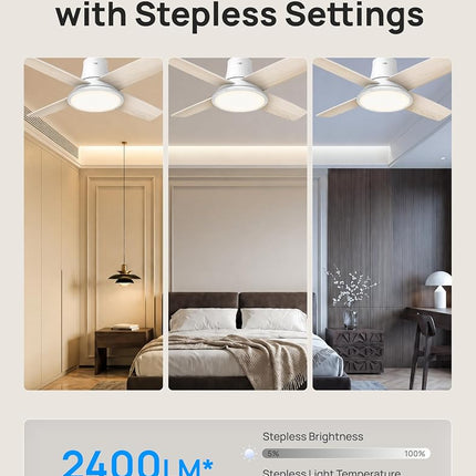 Dreo Ceiling Fans with Lights, 12 Speeds & 3 Fan Modes, Quiet DC Motor, Low Profile Easy to Install, Flush Mount Smart Ceiling Fan with Dimmable LED, 12H Timer for Bedroom, Remote, White, 44''