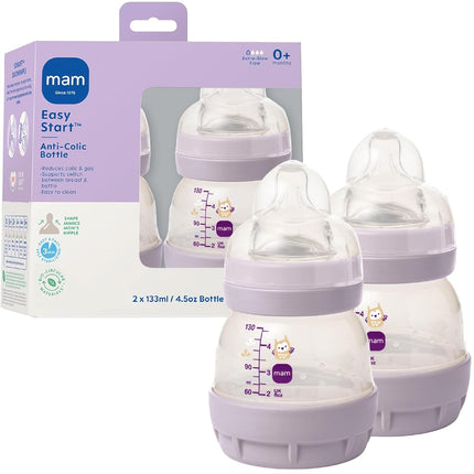 Biberon MAM Easy Start Anti-Colique Col Large avec Base Ventilée 130 ml, Tétine Silicone Débit Extra Lent, Facilite l'Alternance Sein/Biberon, Réduit Coliques, Gaz et Reflux, Facile à Nettoyer, Sans BPA, 0+ Mois, Fabriqué en Europe