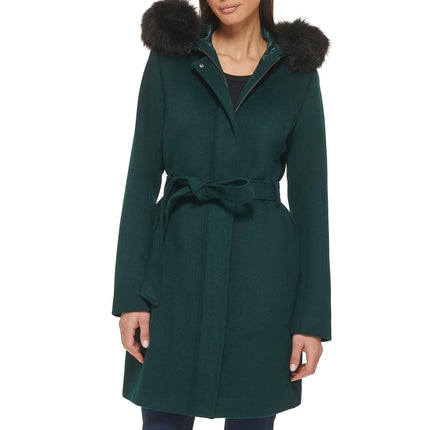 Cole Haan Women's Hooded Coat Slick Wool with Detatchable Faux Fur Trim, Forest, 12
