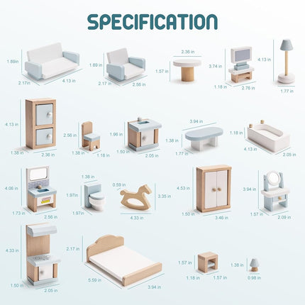 ROBUD Ensemble de Meubles en Bois pour Maison de Poupée, 23 Pièces d'Accessoires Durables pour Maison de Poupée, Jouets de Meubles de Maison de Poupée pour Garçons Filles, 3+