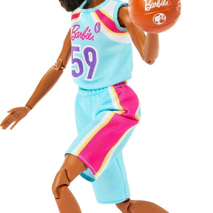 Barbie Made to Move Doll & Accessories, Brunette Basketball Player Wearing Removable Uniform with Ball, 22 Bendable Joints, HKT74