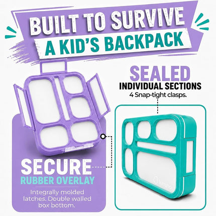 kinsho Bento Lunch Box Kids & Adult: Leakproof Lunch Containers for Boys & Girls with 6 Compartments - School, Daycare, Meal Planning Portion Control Container, BPA-Free Boxes, Utensils | Purple Teal