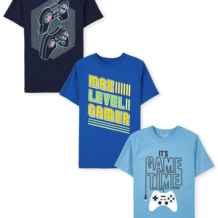 The Children's Place Boys Short Sleeve Graphic T-Shirt 3-Pack, It's Game Time/Max Level Gamer/Controller, X-Large
