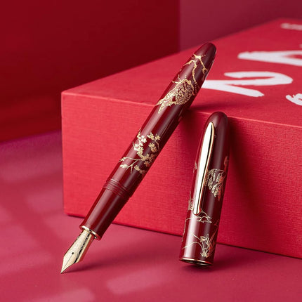 HONG DIAN N23 Red Rabbit Fountain Pen, Long Blade Medium Nib Gold Trim, New Year Lucky Rabbit Carving Design, Smooth Writing Pen with Converter and Metal Pen Box Set