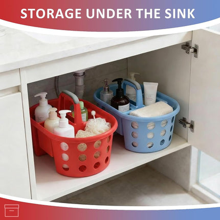 SIMPLYKLEEN Large Shower Caddy Portable 2PC - Made in USA Plastic Jumbo Size Dorm Storage Candy Tote with Handle Shower Organizer for Bathroom, Pantry, Kitchen, College Dorm, Red/Periwinkle