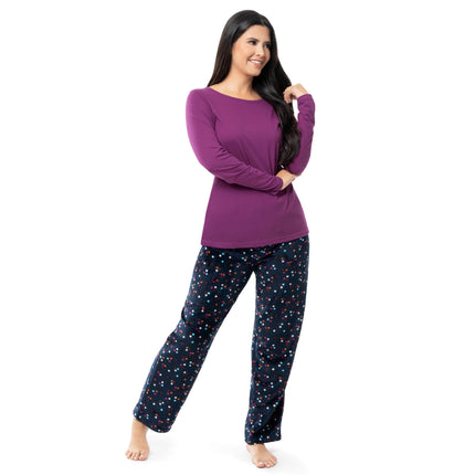 Fruit of the Loom Women's Sueded Jersey Crew Top and Fleece Pant Sleep Set Pajama, Berry Confetti/Multi, XL