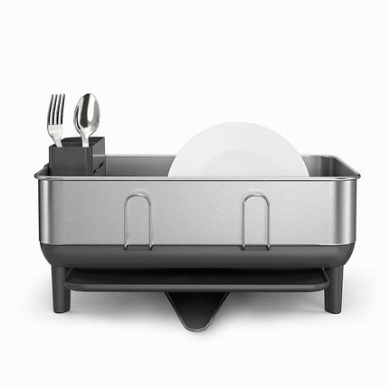 simplehuman Compact Steel Frame Dish Rack, Kitchen Drainer, 360º Swivel Spout, Wine Glass & Cutlery Holder, Grey with Brushed Stainless Steel, W 38.0cm x H 19.0cm x D 39.4cm, KT1184DC