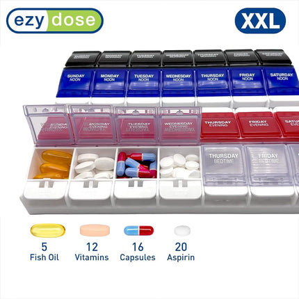 Pilulier hebdomadaire EZY DOSE (7 jours), conteneur de vitamines et organisateur de médicaments quotidiens, 2 compartiments à boutons, facile à utiliser pour les personnes souffrant d'arthrite, 4 fois par jour
