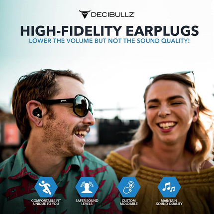 Decibullz - Custom Molded High Fidelity Earplugs - Hearing Protection for Musicians, Concertgoers, and Sensory Disabled - Black