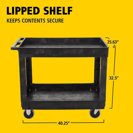 Rubbermaid Commercial Products Heavy-Duty Utility Cart, Flat Handle, 2 Lipped Shelves, Medium, Black (FG452089BLA)