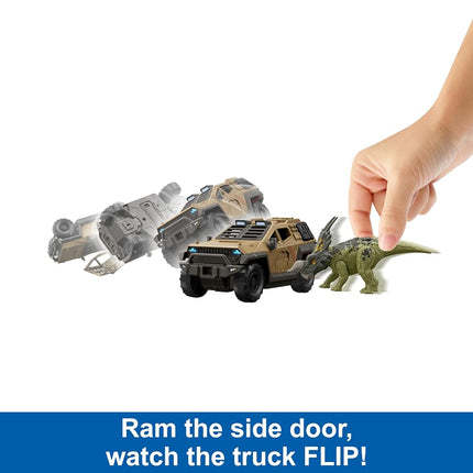 Mattel Jurassic World Truck & Einiosaurus Dinosaur Action Figure Toy with Flip Roll Feature, Mission Mayhem Destruction Vehicle, HRX52