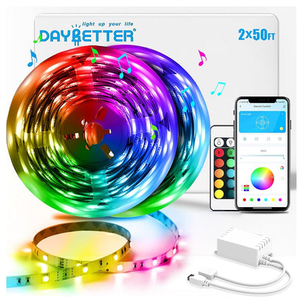 DAYBETTER Tiras de luces LED de 30 m (2 rollos de 15 m) con control inteligente mediante aplicación y control remoto, luces LED RGB 5050 para dormitorio, luces que cambian de color con sincronización de música para fiestas en habitaciones