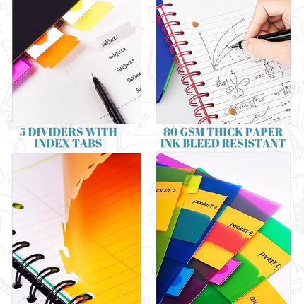 MOWEE Spiral Notebook - 5 Subject Notebook, College Ruled Notebook With Dividers Pocket, Tabs Label, 11" Ruler, 100 Sheets of 200 Pages, for Writing Journal, Home & Office, School Supplies,Red