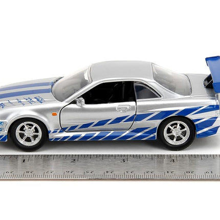 Jada JA97184 1:32 Brian's 1999 Nissan Skyline GT-R (R34) -Silver/Blue, Gris/Bleu