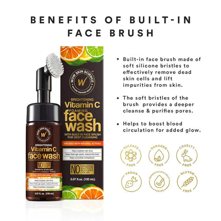 WOW Skin Science Brightening Vitamin C Foaming Face Wash, Built in Brush for Deep Cleansing, All Skin Type, Glowing Bright Skin Cleanser, Paraben & Sulphates Free Face Wash for Women & Men - (5.07 fl 0z, 150 mL)