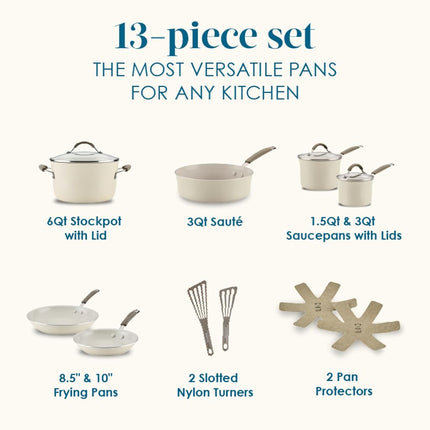 Rachael Ray Cucina Ceramic Cookware Set - 13 Pieces - Ceramic Pots and Pans Set w/Nonstick Frying Pans, Saute Pan, Saucepans, Stockpot, Lids, Pan Protectors & Cooking Utensils - Almond