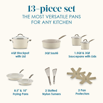 Rachael Ray Cucina Ceramic Cookware Set - 13 Pieces - Ceramic Pots and Pans Set w/Nonstick Frying Pans, Saute Pan, Saucepans, Stockpot, Lids, Pan Protectors & Cooking Utensils - Almond